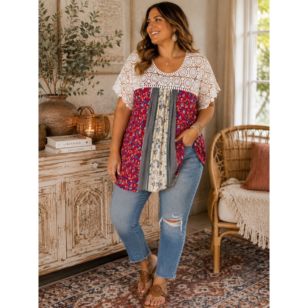 Suzanne Betro 1X NWT Red Floral Crochet Lace Boho Tunic Top Mixed Print